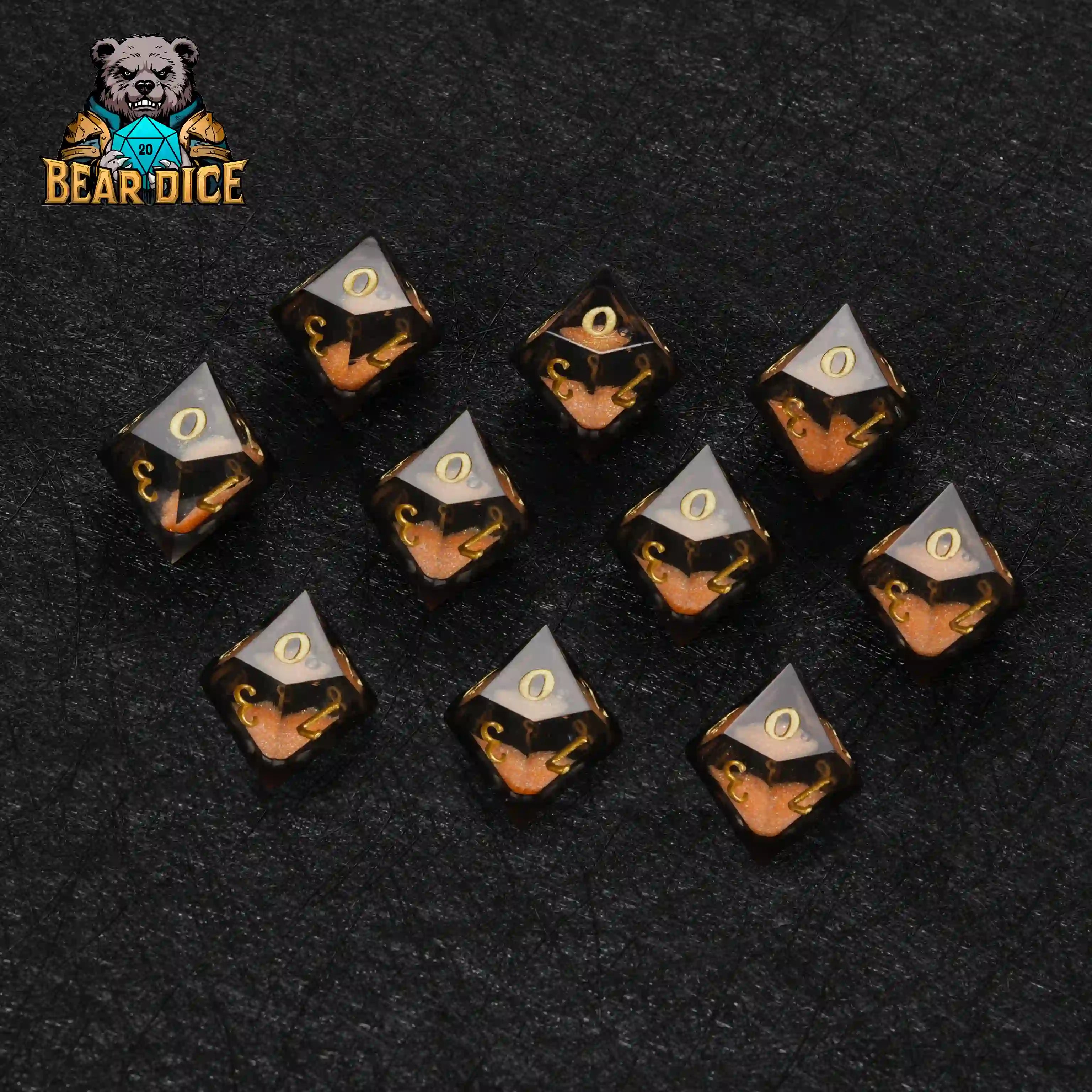 Orange Resin d10 Die + Gold Numerals (Ten-Sided Die)