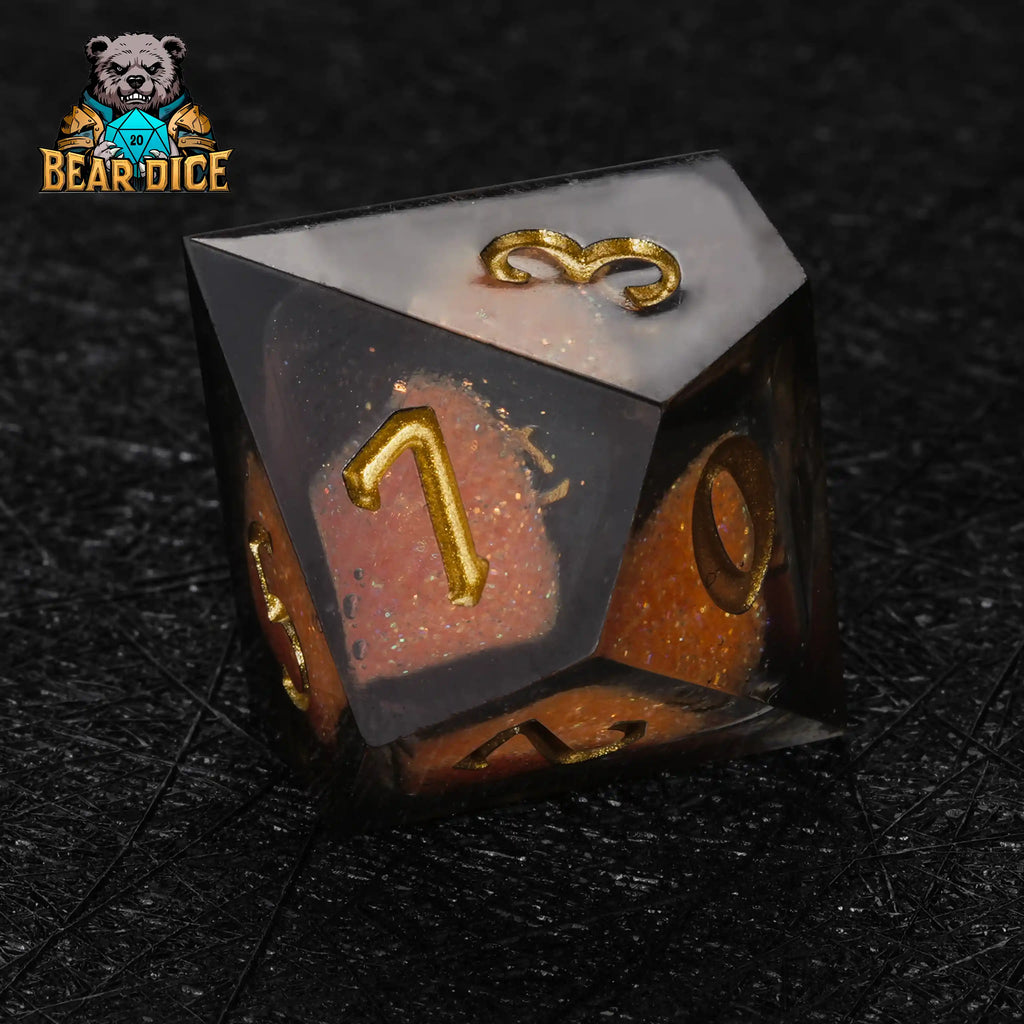 Orange Resin d10 Die + Gold Numerals (Ten-Sided Die)