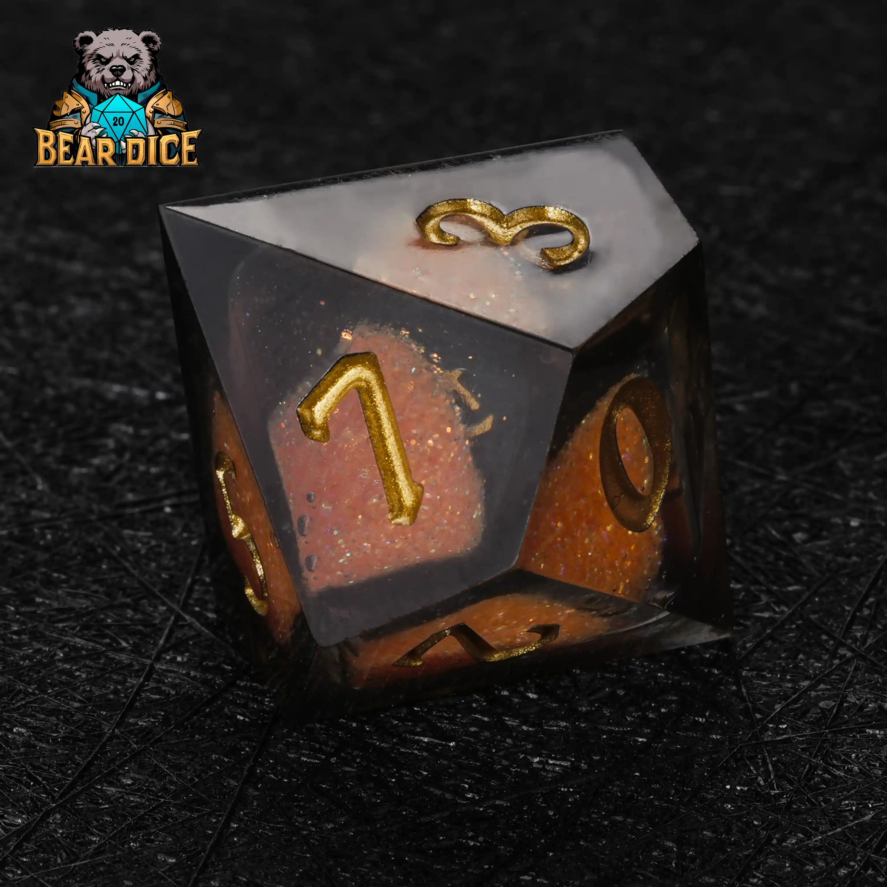 Orange Resin d10 Die + Gold Numerals (Ten-Sided Die)