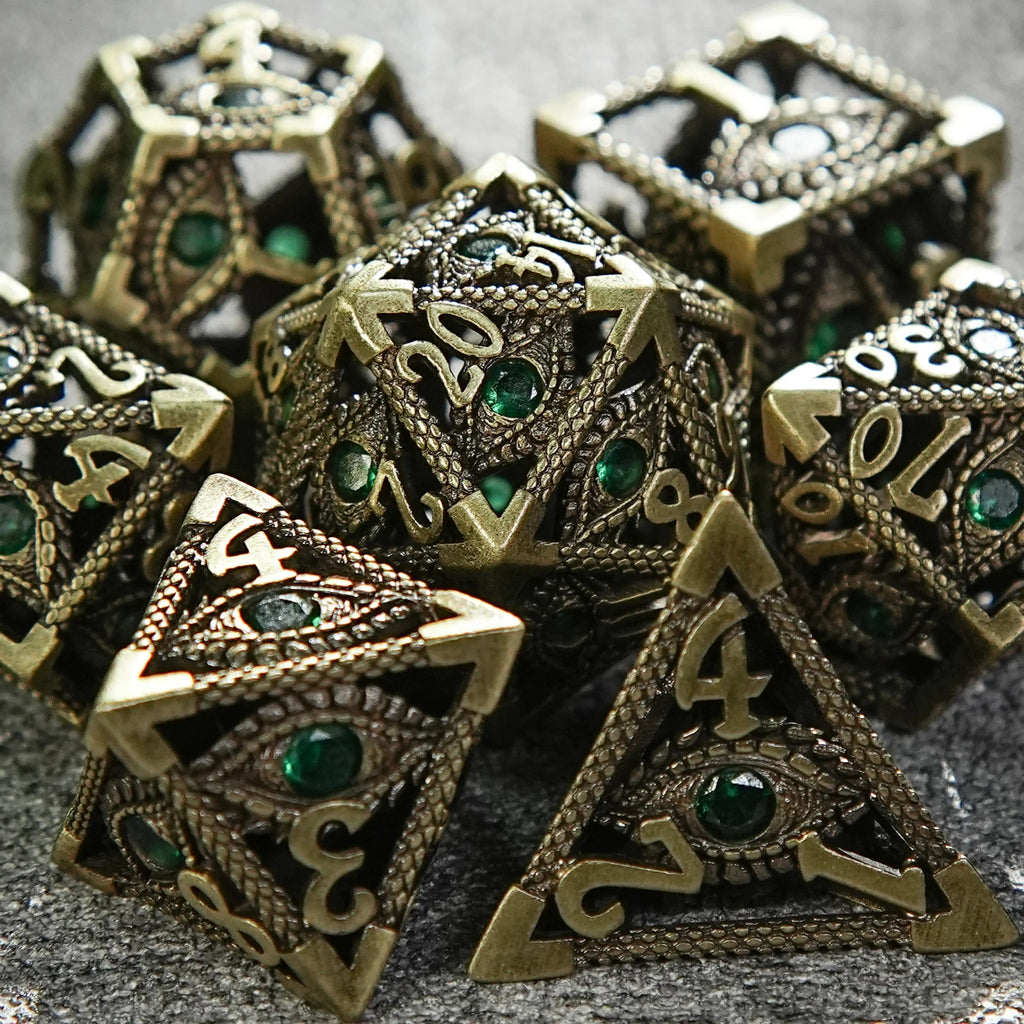 Bronze Emerald Dragon Eye Hollow Metal DND Dice Set