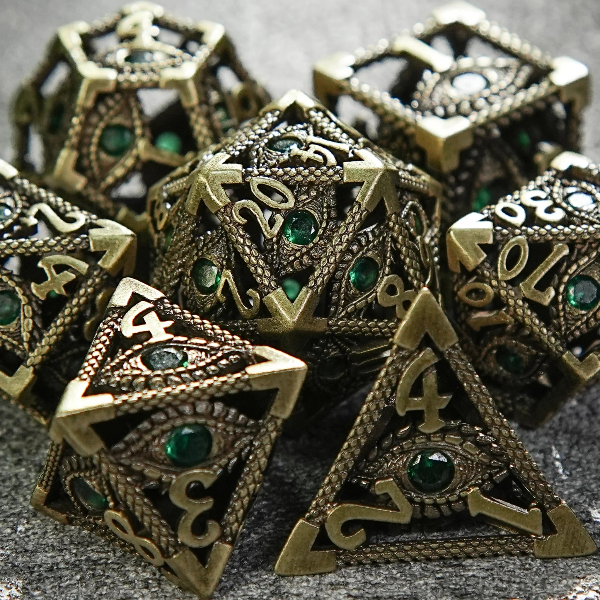 Bronze Emerald Dragon Eye Hollow Metal DND Dice Set