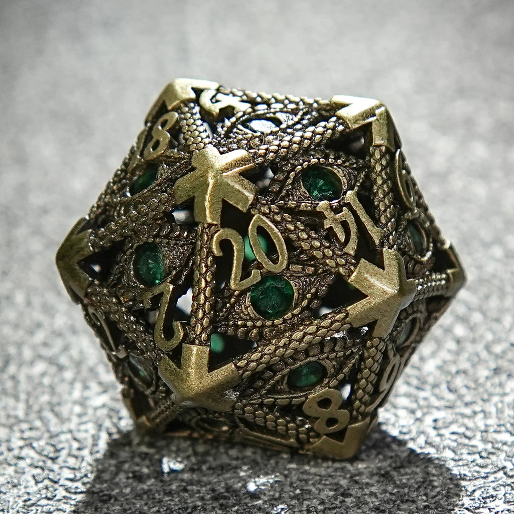 Bronze Emerald Dragon Eye Hollow Metal DND Dice Set