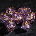 DND Clear Purple Resin Round Liquid Core Cat Dice Set with Gold Numbers