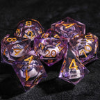 DND Clear Purple Resin Round Liquid Core Cat Dice Set with Gold Numbers