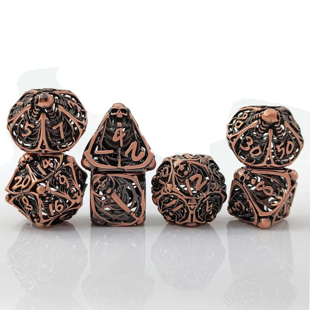 Necromancer - Ancient Red Copper Metal Hollow Skull DND Dice Set