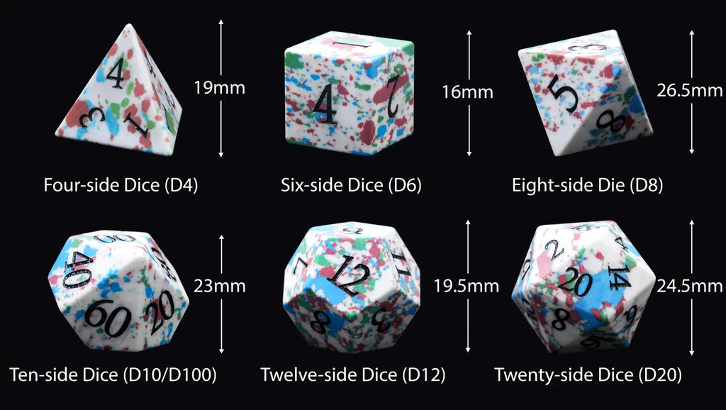 Natural color spotted gemstone DND dice set + black font