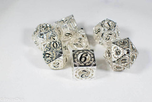 Silver Metal Hollow Gear Dice with Black Numbers 7-Dice Set - 