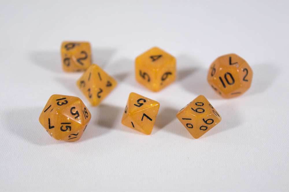 Orange Semi-Translucent Miniature Poly Dice Set Small (7) w/ Silver Glitter RPG DnD Mini Cute BrycesDice - 