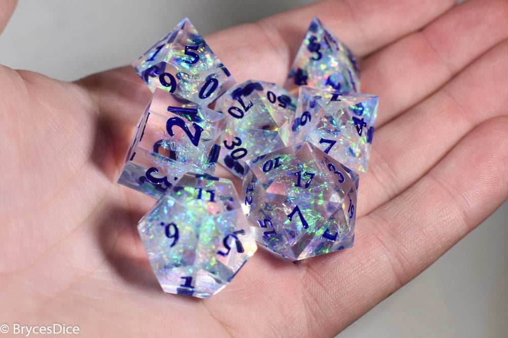 Ice Cubes Sharp Edge Resin 7-Dice Dice (Clear Shimmer w/ Blue Numbers) - 