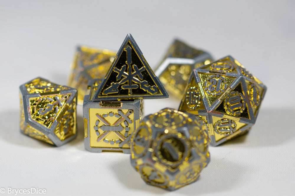 Silver w/Gold Inlay Sword Strengthened Metal 7-Dice Set - 