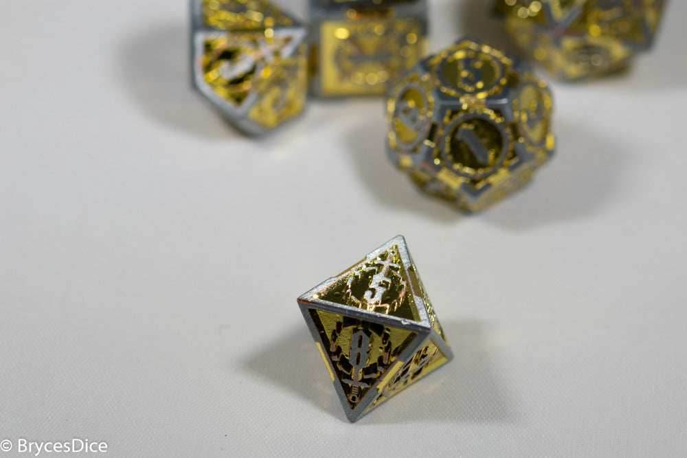 Silver w/Gold Inlay Sword Strengthened Metal 7-Dice Set - 