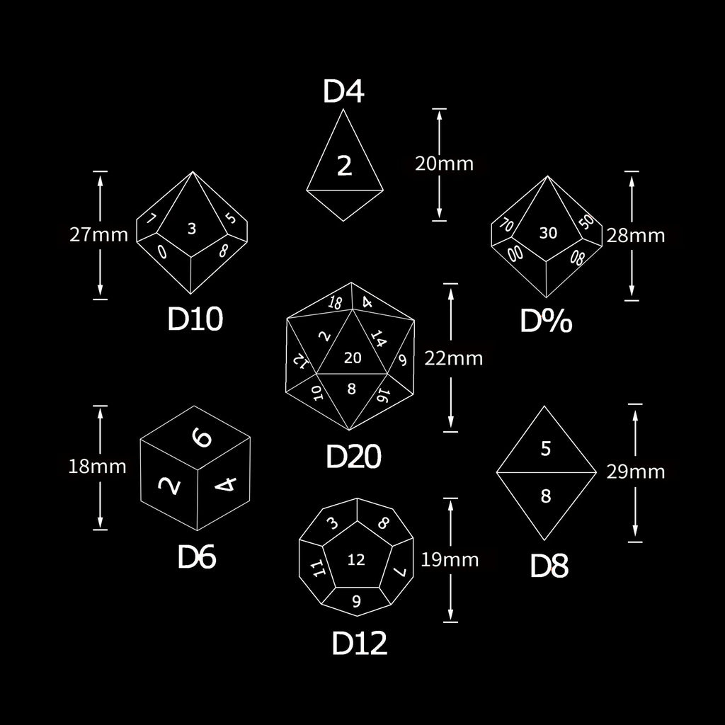 Black Resin Core DND Dice Set + Silver Font