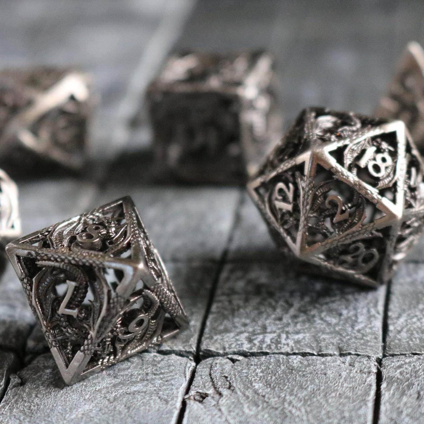 Dragon Hollow Metal DND Dice Set - Full Set and Free Dice Box