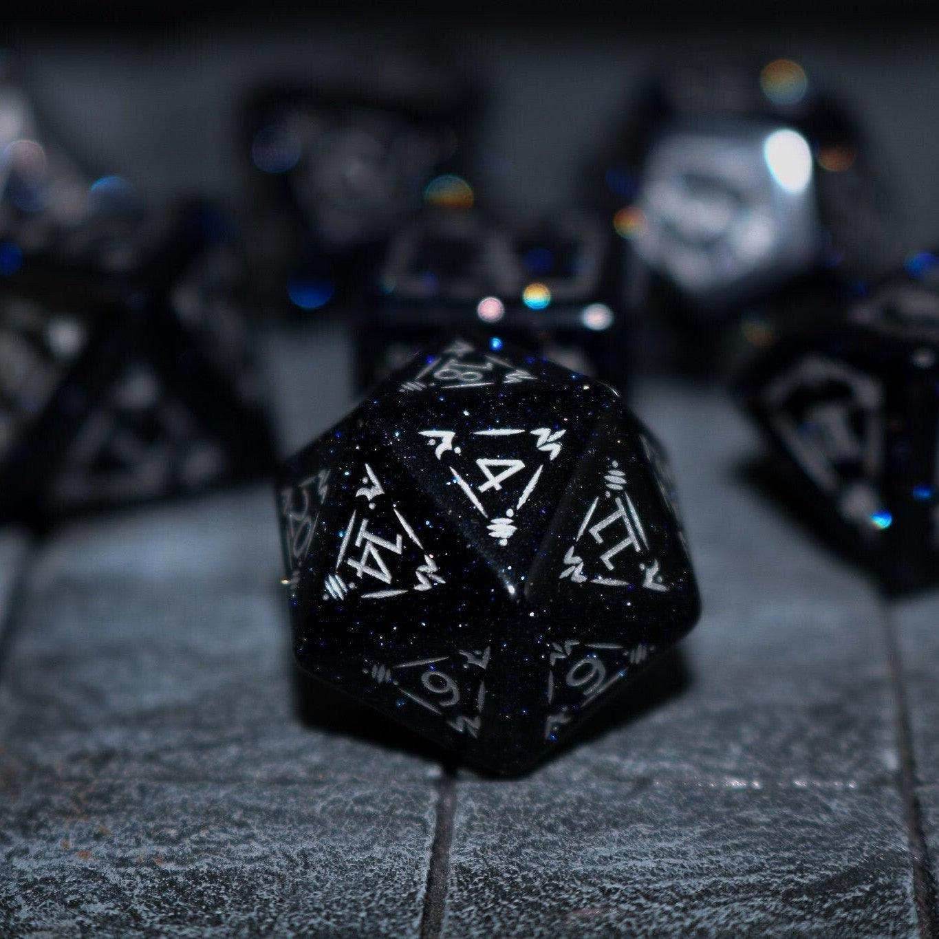 Dragon Shield Blue Sandstone (Silver Font) Gemstone DND Dice Set - Full Set And Free Dice Box