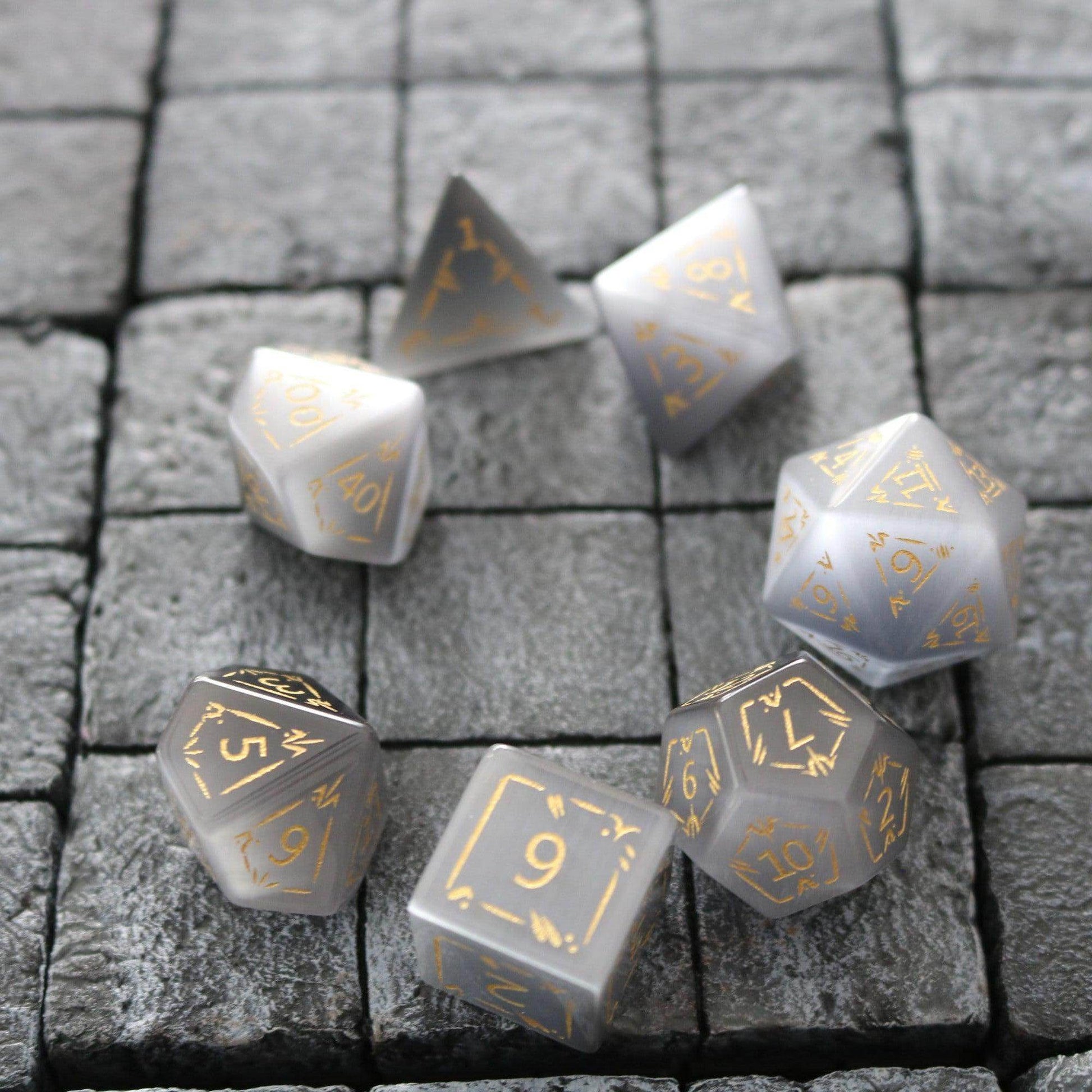 Dragon Shield Gray Cats Eye Gemstone DND Dice Set - Full Set And Box