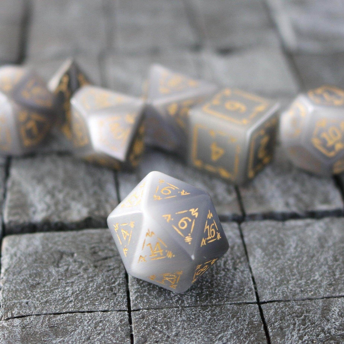 Dragon Shield Gray Cats Eye Gemstone DND Dice Set - Full Set And Box