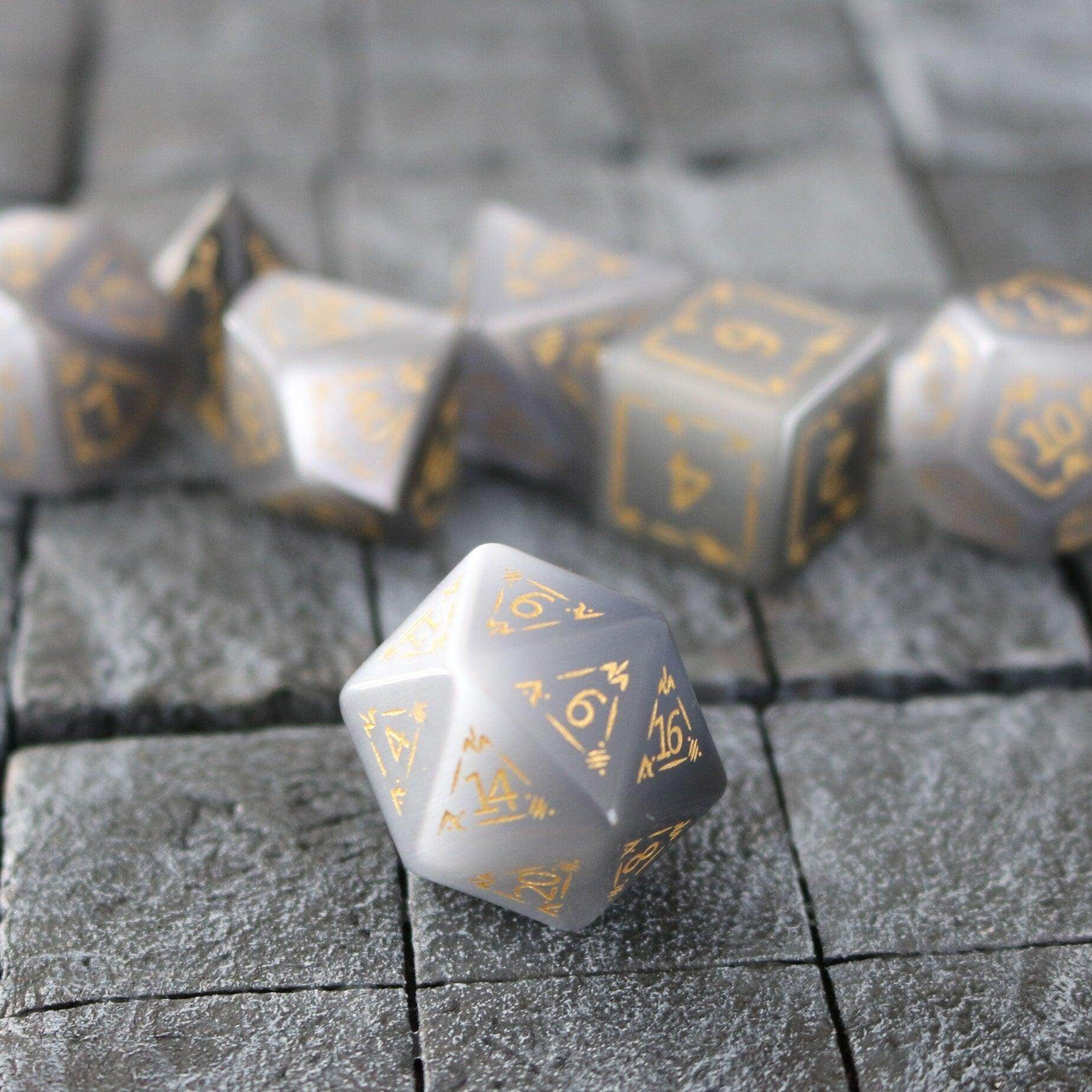 Dragon Shield Gray Cats Eye Gemstone DND Dice Set - Full Set And Box