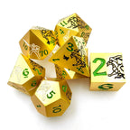 Cool black dragon and warrior gold dnd dice set + green font