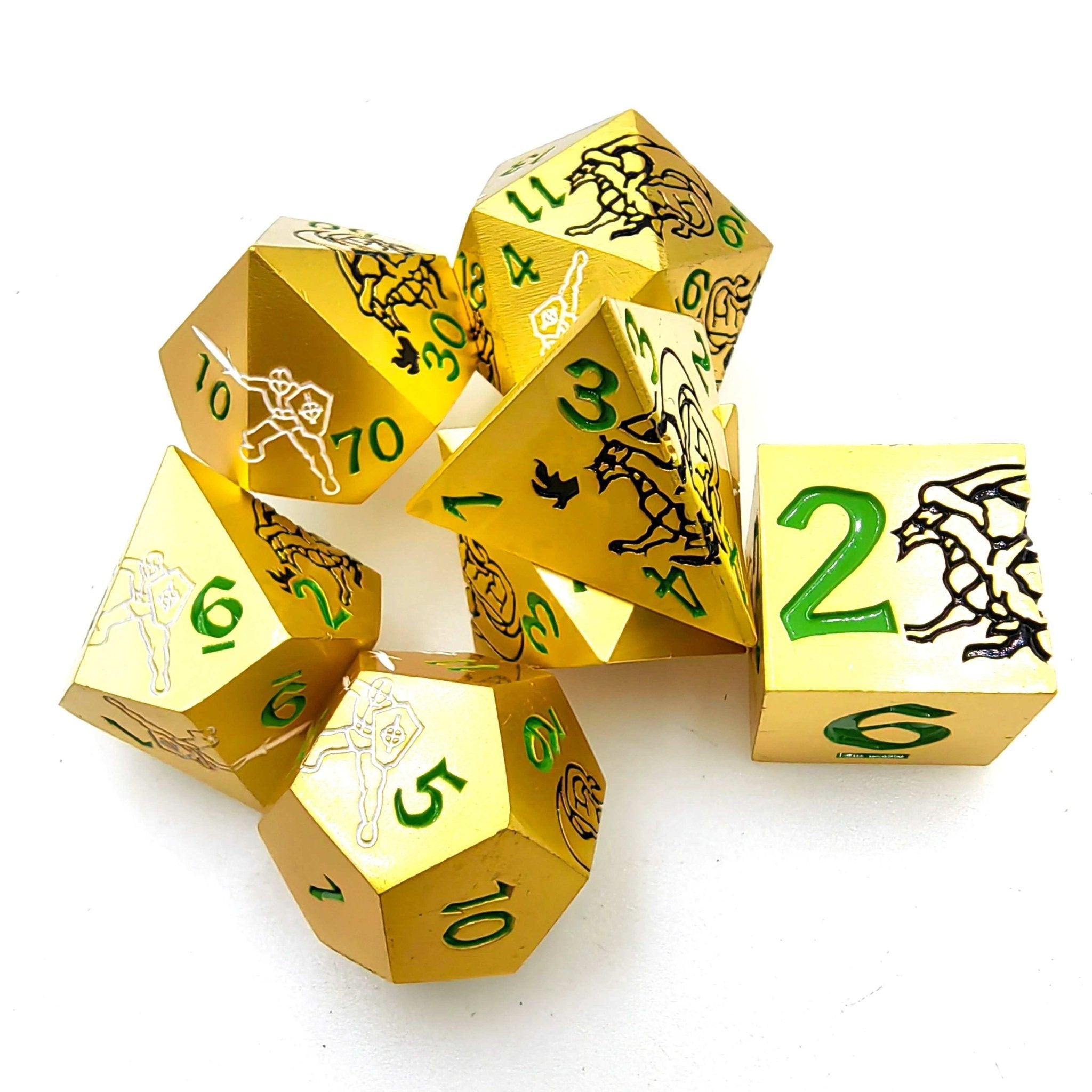 Cool black dragon and warrior gold dnd dice set + green font