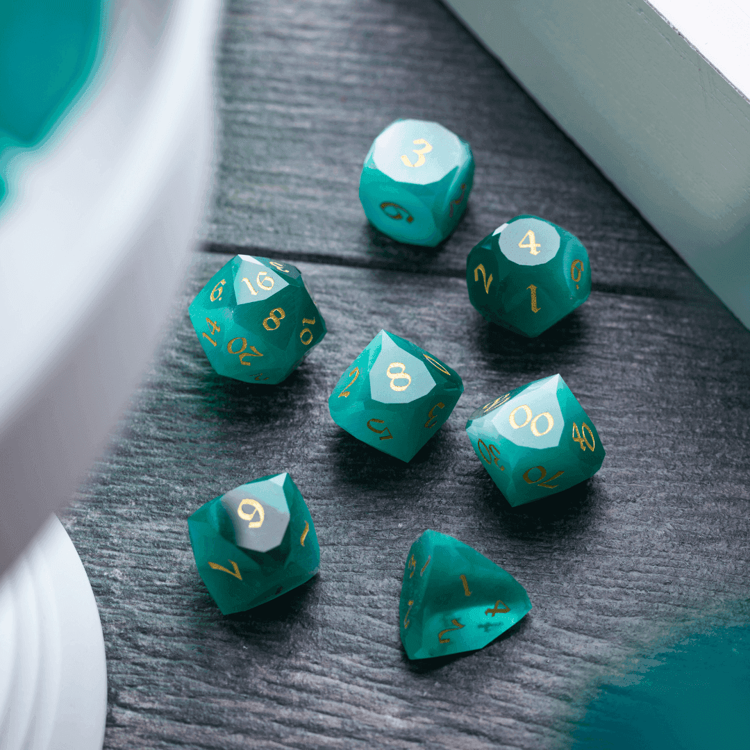 Dwarf Cut Aquamarine Cat’s Eye Gemstone Premium DND Dice Set - Full Set And Free Dice Box