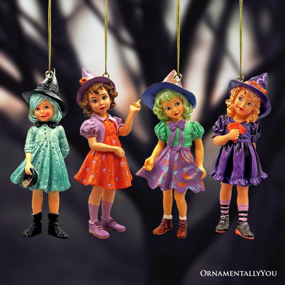 Classic Victorian Little Witch Girls Set of 4 Ornaments, Vintage Halloween Tree Resin Decoration - 