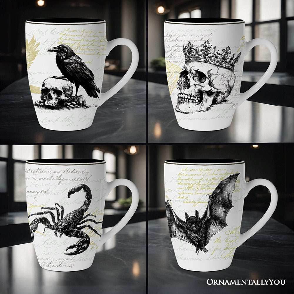 Elegant Goth Set of 4 Ceramic Mugs with Real Gold Trim, Black and White Spooky Halloween Coffee Cup Kitchen Gift - 