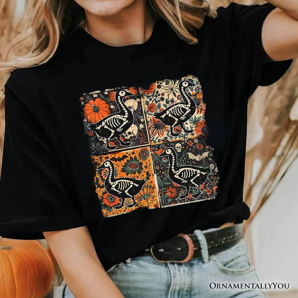Skeleton Goose Patchwork T-Shirt, Floral Halloween Tee for The Spooky Season - Black / XS