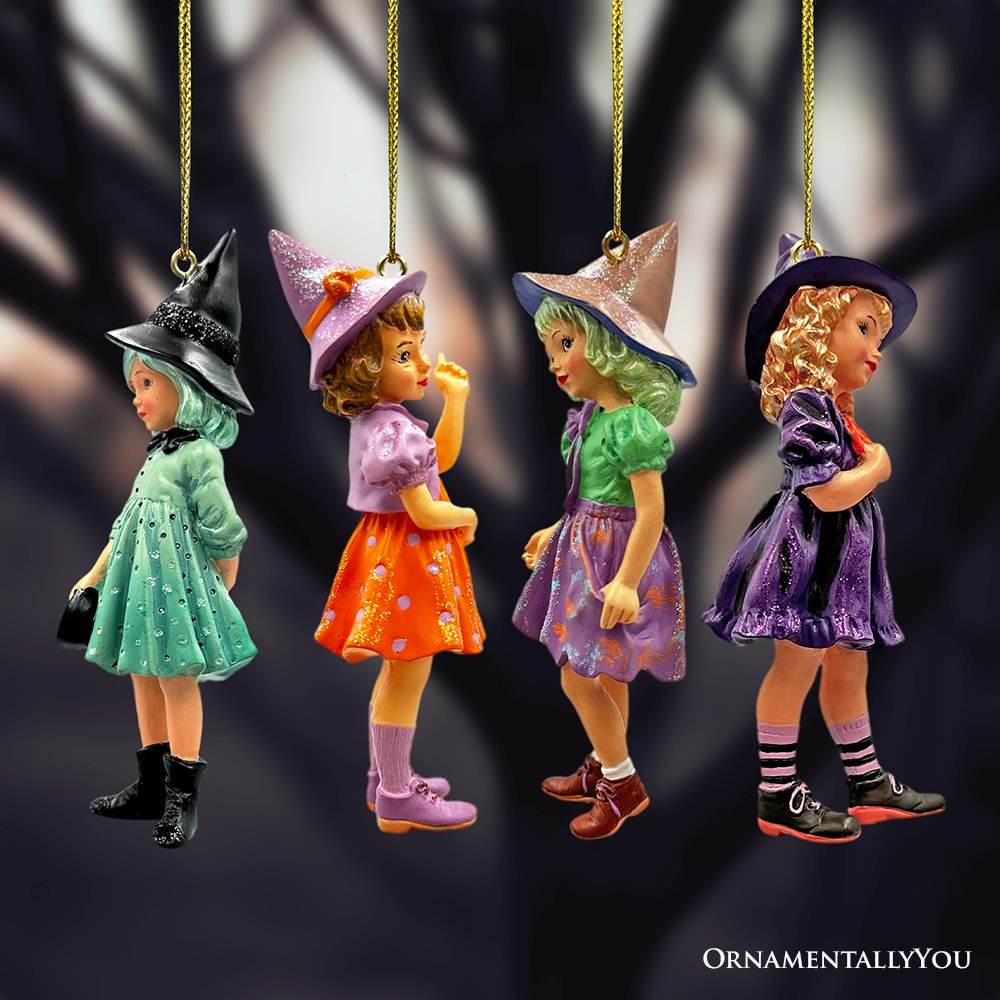 Classic Victorian Little Witch Girls Set of 4 Ornaments, Vintage Halloween Tree Resin Decoration - 