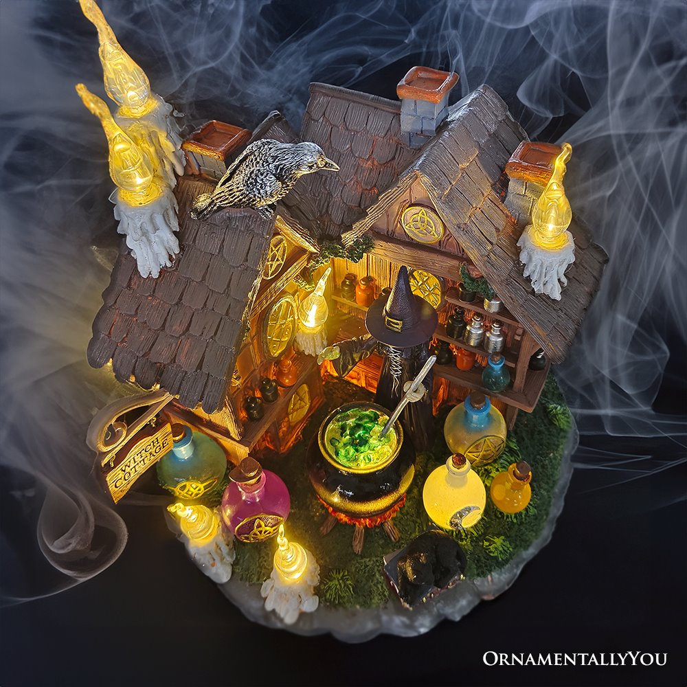 Enchanted Witch Cottage Lighted Figurine, 10" LED Halloween Decor Statue with Cauldrons and Ravens
