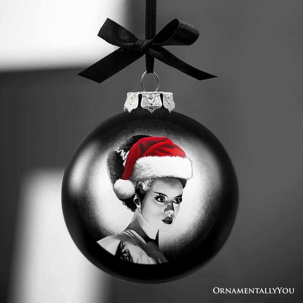 Frankenstein's Bride Christmas Spooky Portrait Glass Ornament, Black Horror Halloween Tree Decoration - 
