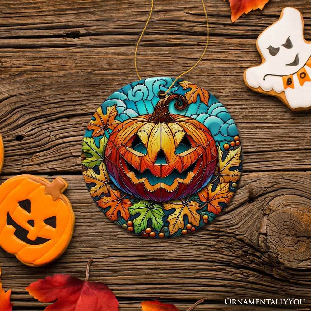 Pumpkin Spice and Crispy Leaves Stained Glass Style Ceramic Ornament, Halloween Themed Christmas Gift and Decor - Circle