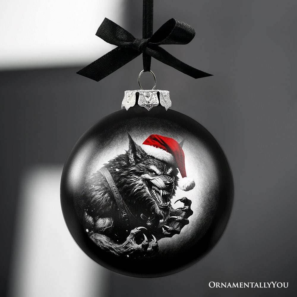 Werewolf Christmas Spooky Portrait Glass Ornament, Black Horror Halloween Tree Decoration - 