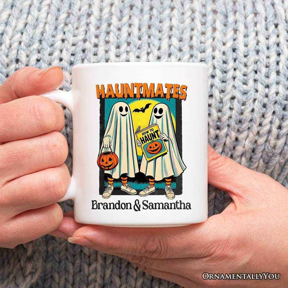 Funny Retro Ghosts Hauntmates Personalized Mug, Vintage Best Friend Halloween Gift with Custom Names - 12oz Mug / Customized