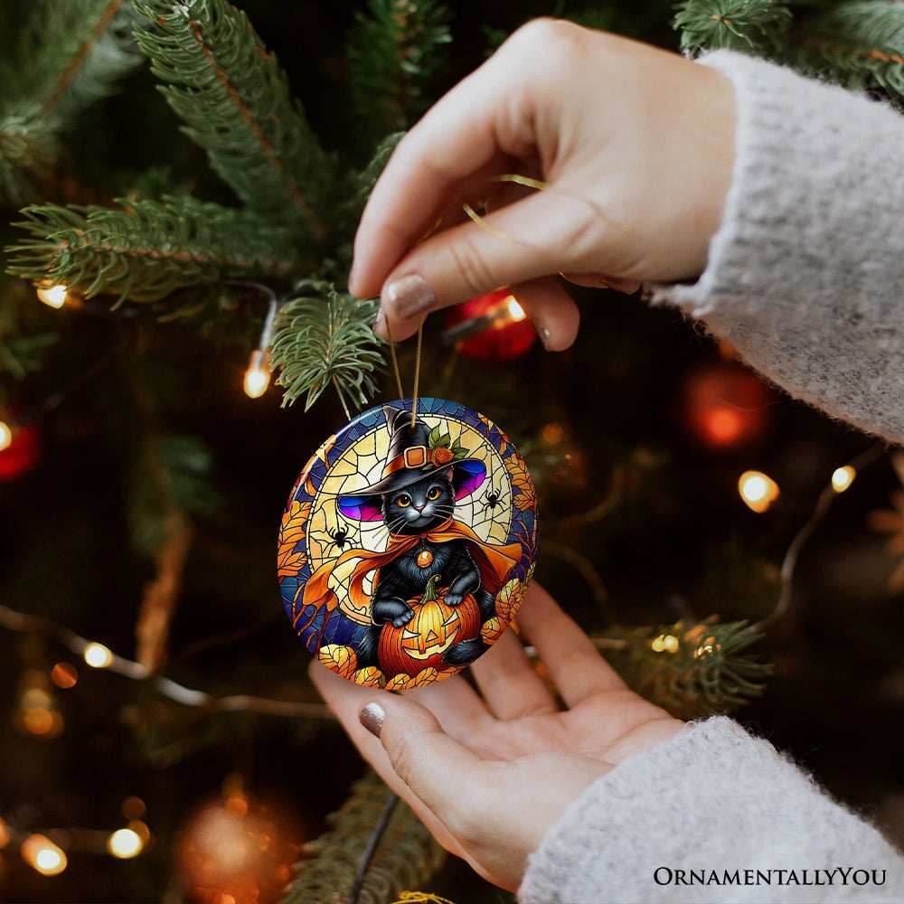 Enchanted Cat Witch Stained Glass Style Ceramic Ornament, Halloween Themed Christmas Gift and Decor - Circle / White Cat Version