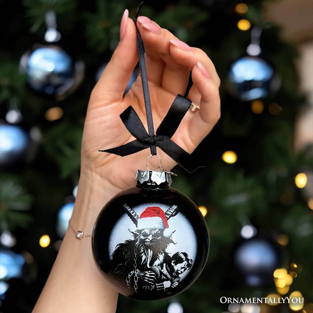 Krampus Christmas Spooky Portrait Glass Ornament, Black Horror Halloween Tree Decoration - 
