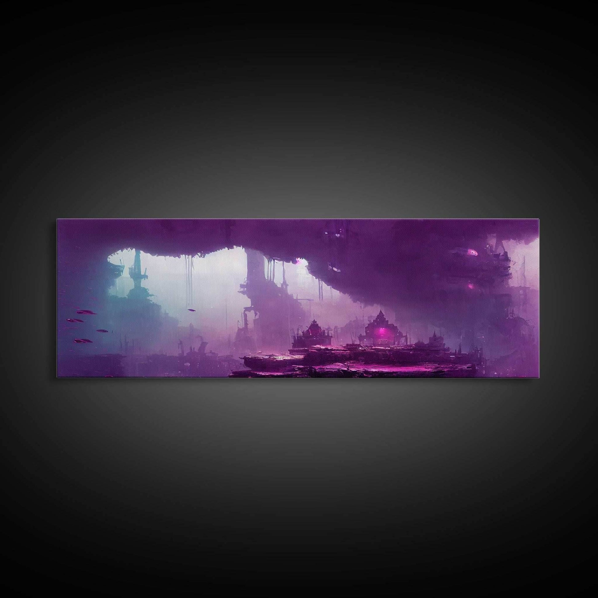 Panoramic Fantasy Underwater City, Purple Art, Extra Large Wall Art, Framed Panoramic Canvas Print, Framed Wall Decor - 10x30 Inches / Gallery Wrap Canvas - Ready To Hang