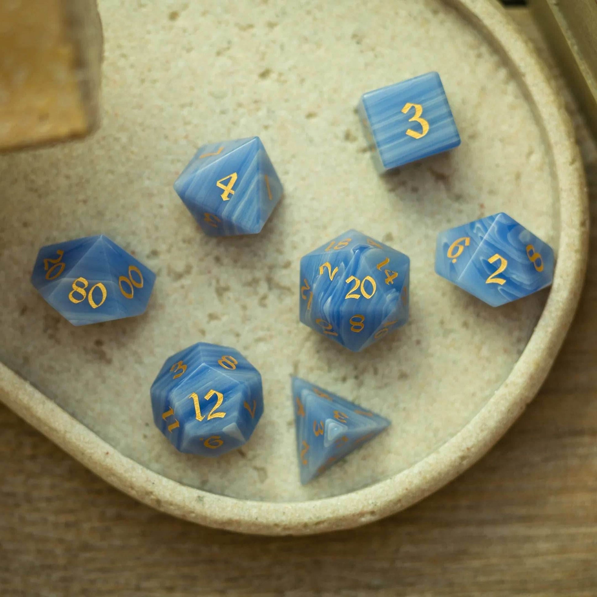 Gemstone Blue Lace Agate Eye Stone Hand Carved DND Dice Set - Full Set And Free Dice Box