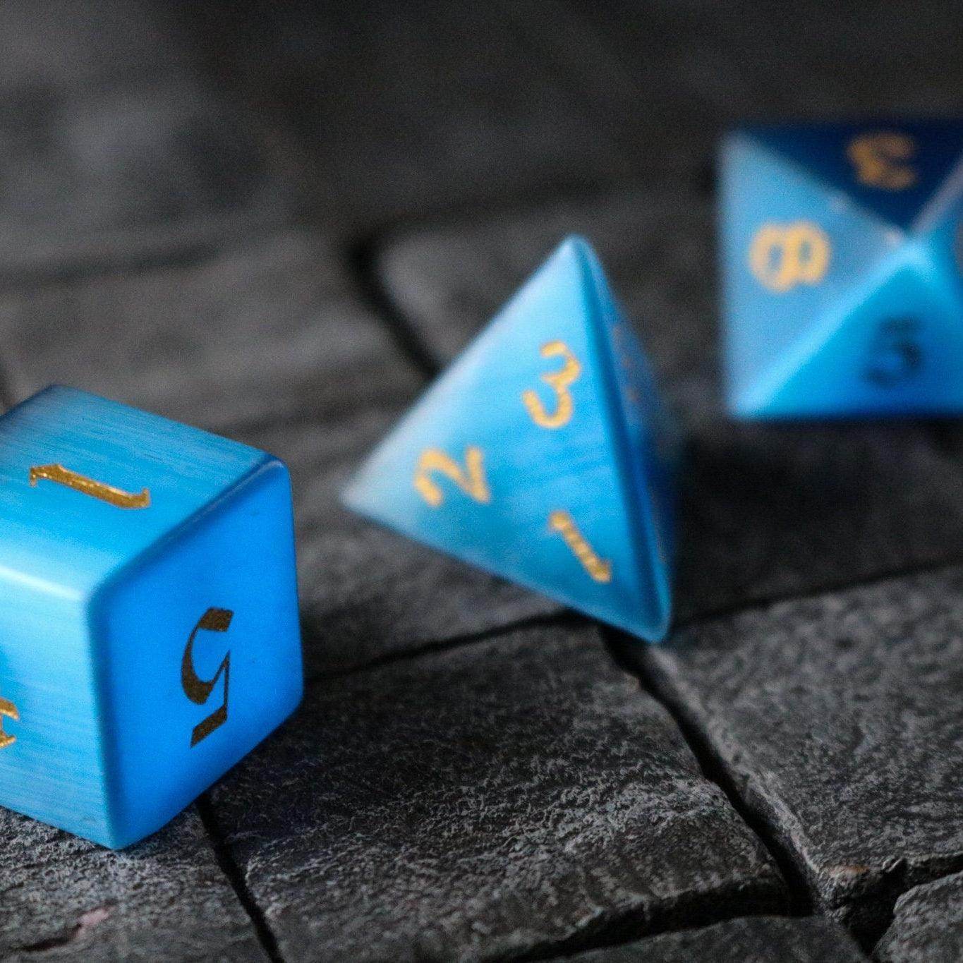 Gemstone Dark Blue Cats Eye Stone Hand Carved DND Dice Set - Full Set And Free Dice Box