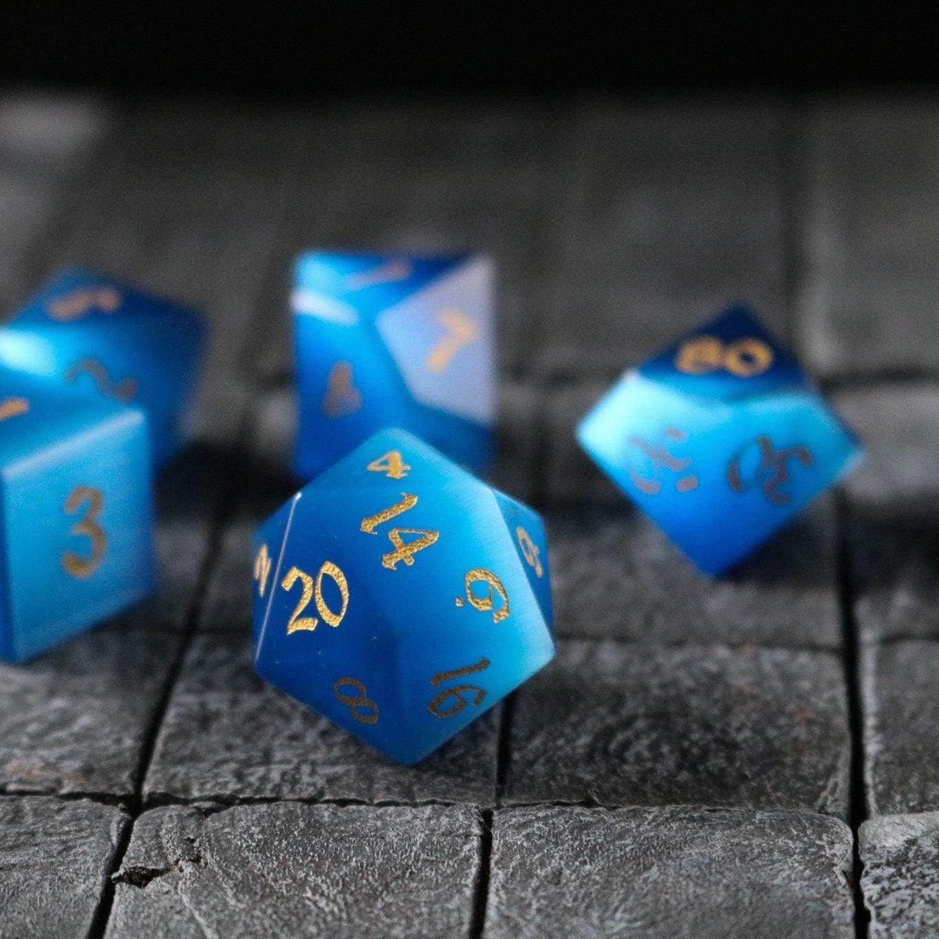 Gemstone Dark Blue Cats Eye Stone Hand Carved DND Dice Set - Full Set And Free Dice Box