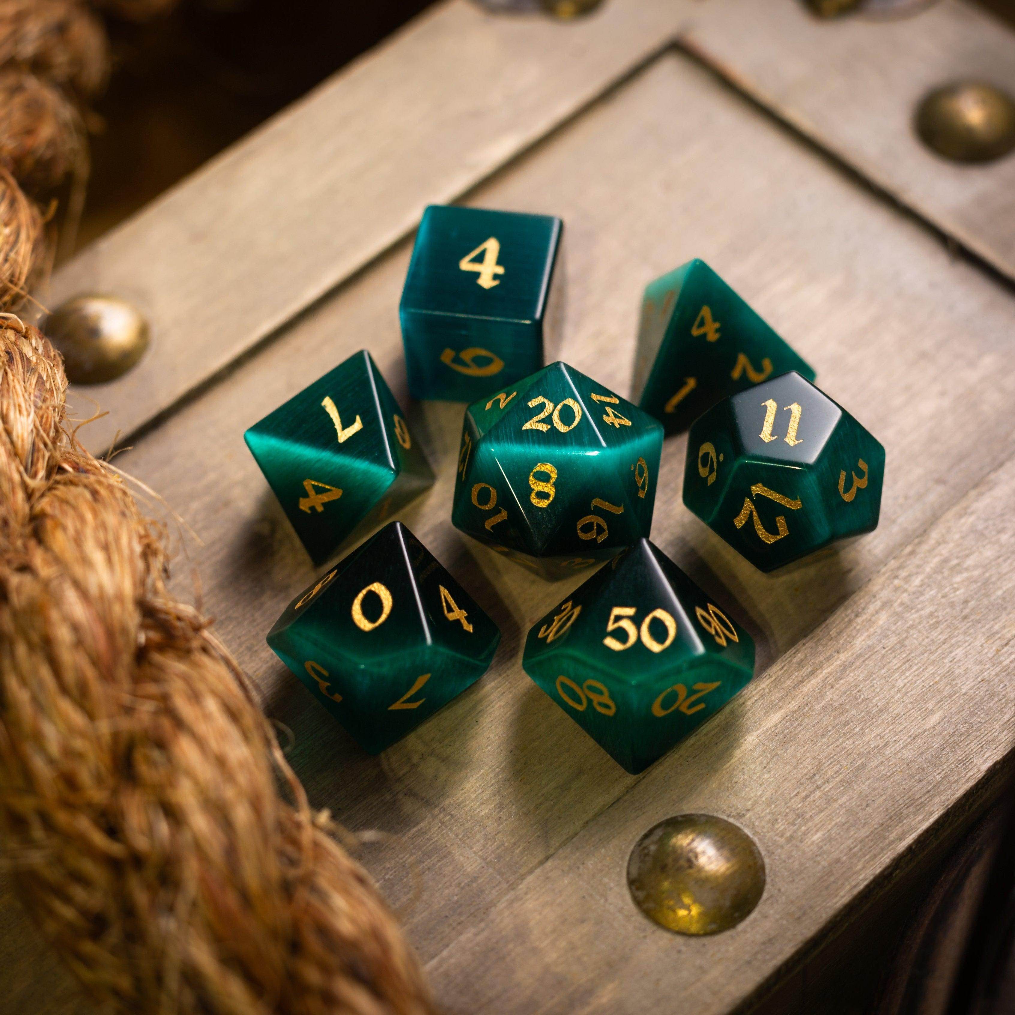 Gemstone Dark Green Cats Eye Stone Hand Carved DND Dice Set - Full Set And Free Dice Box