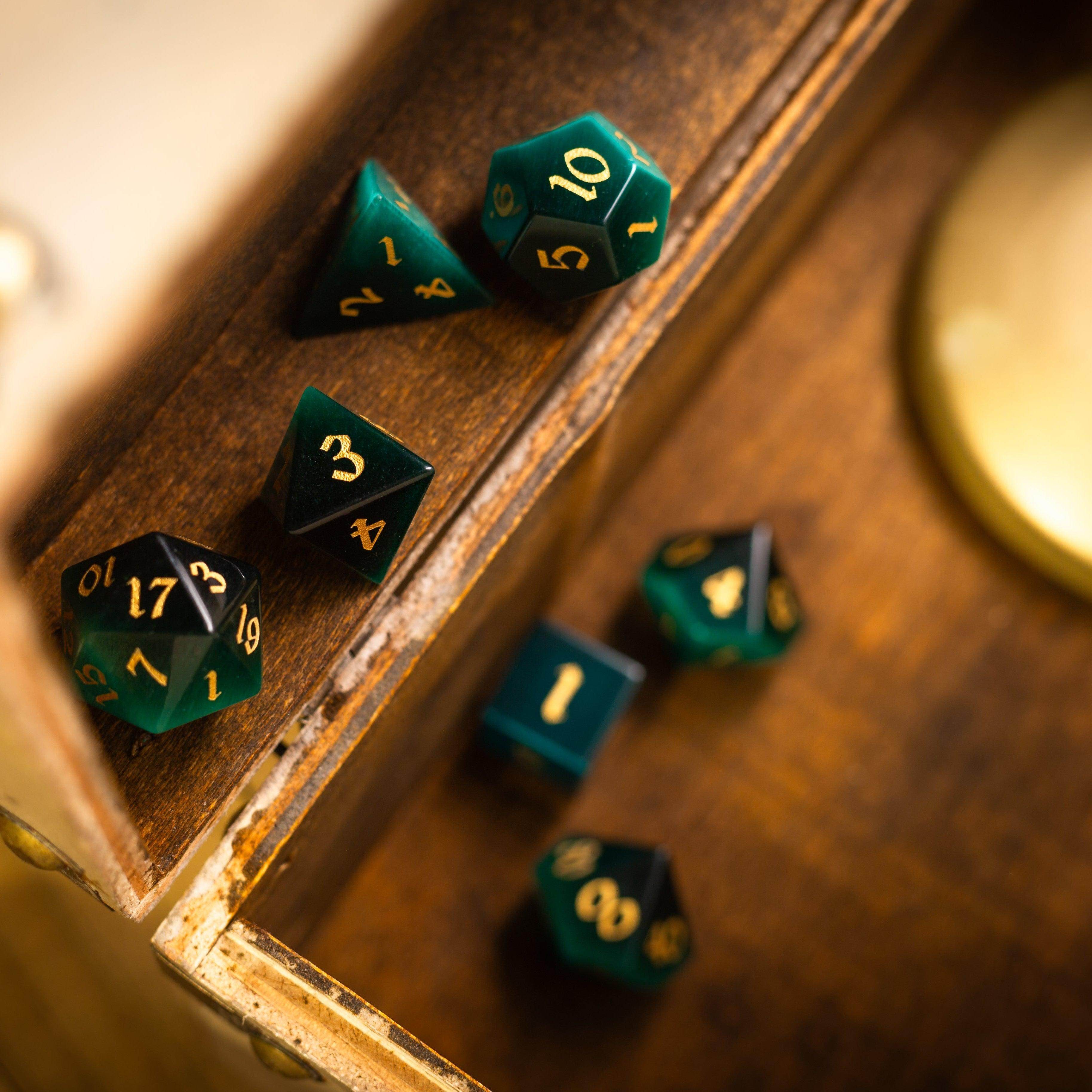 Gemstone Dark Green Cats Eye Stone Hand Carved DND Dice Set - Full Set And Free Dice Box