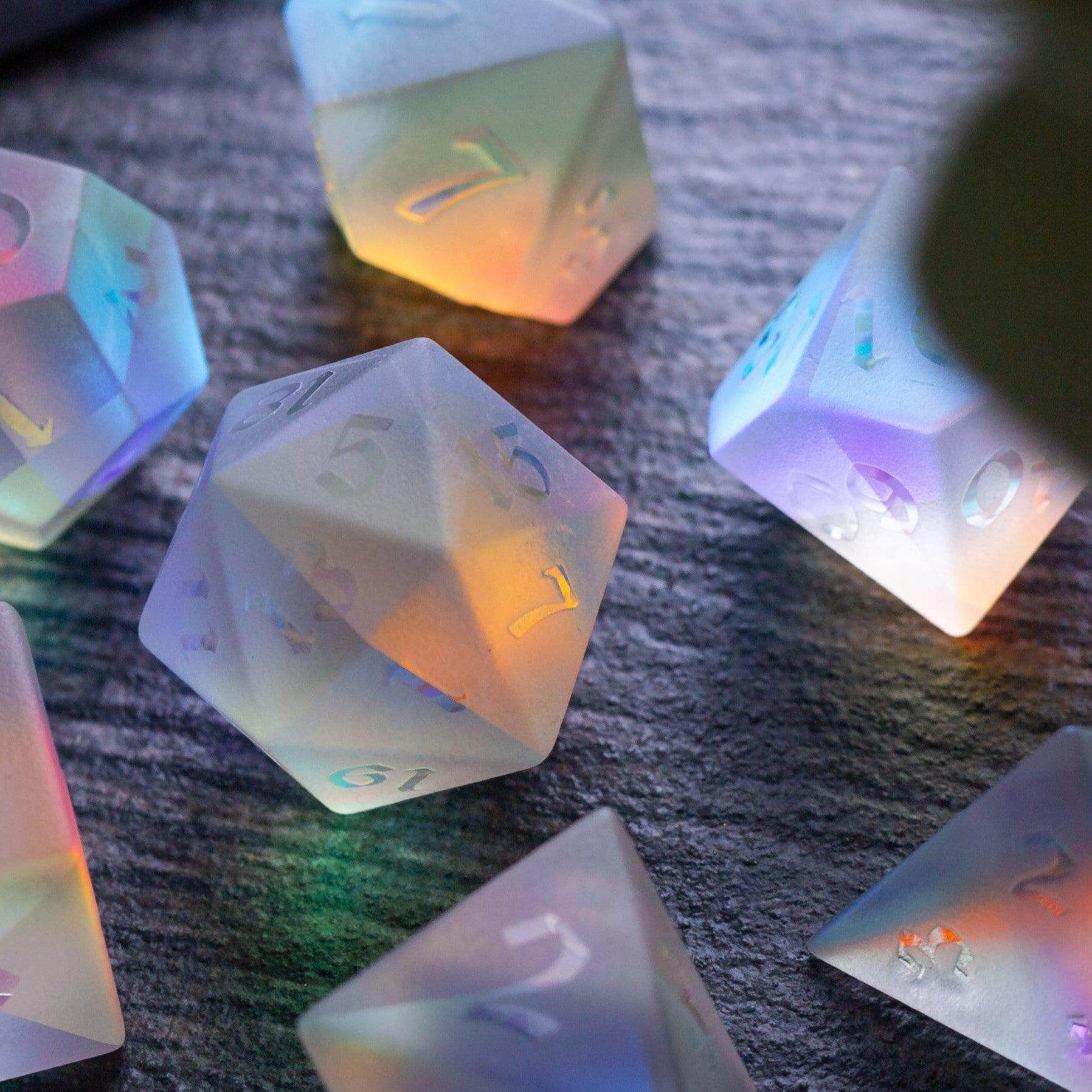 Gemstone Raised Dichroic Glass DND Dice Set - Full Set And Free Dice Box