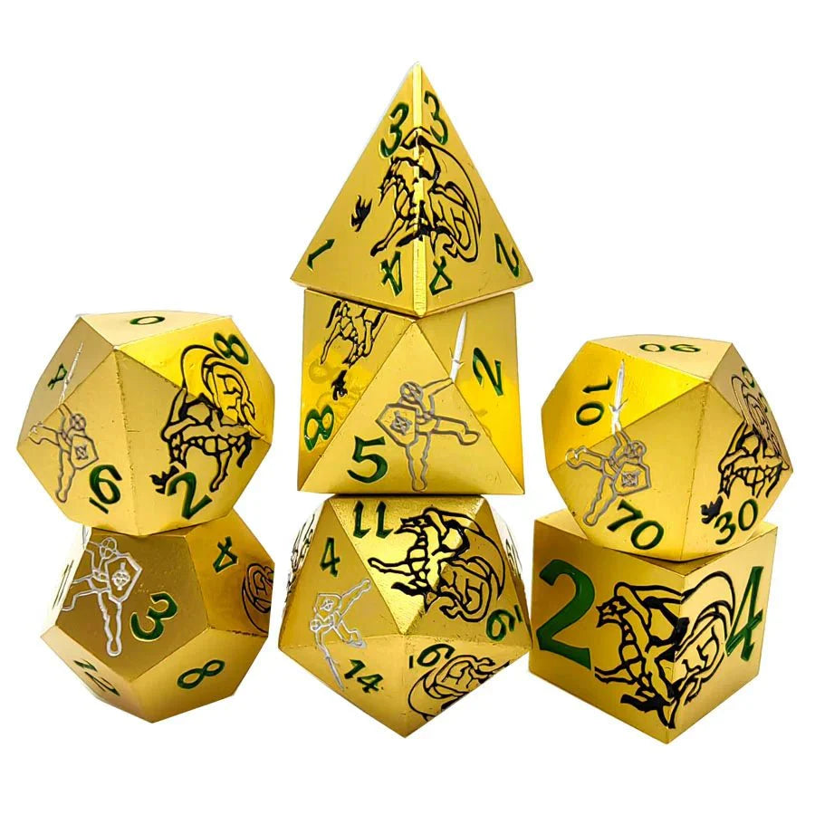 Cool black dragon and warrior gold dnd dice set + green font