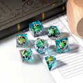 Green Dragon Eye Transparent Resin Liquid Core DND Dice Set + Silver Font