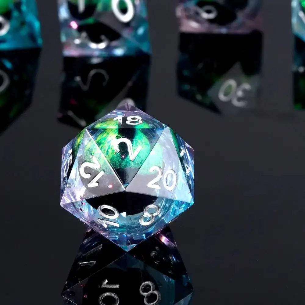 Green Dragon Eye Transparent Resin Liquid Core DND Dice Set + Silver Font
