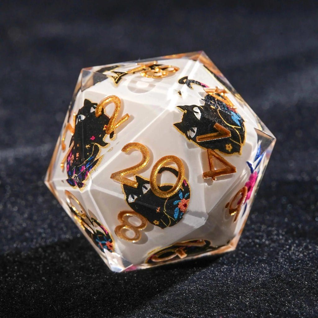 Handmade unique dice sets: Egyptian Pharaoh's black cat flower resin edge sharp dnd dice + gold font