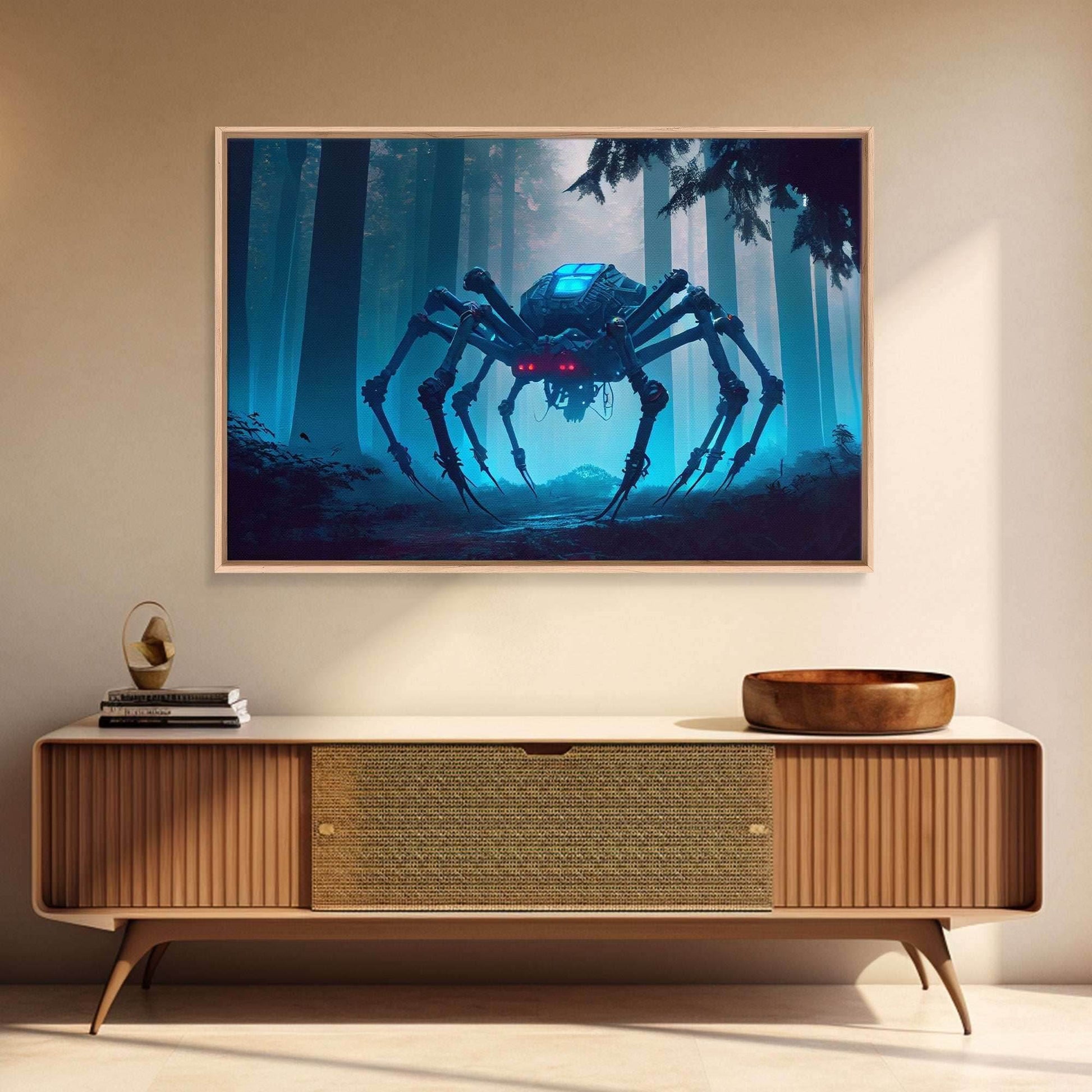 Cyborg Spider, Scifi Fantasy horror art, robot spider on the hunt, framed canvas print - 8x12 Inches / Gallery Wrap Canvas - Ready To Hang
