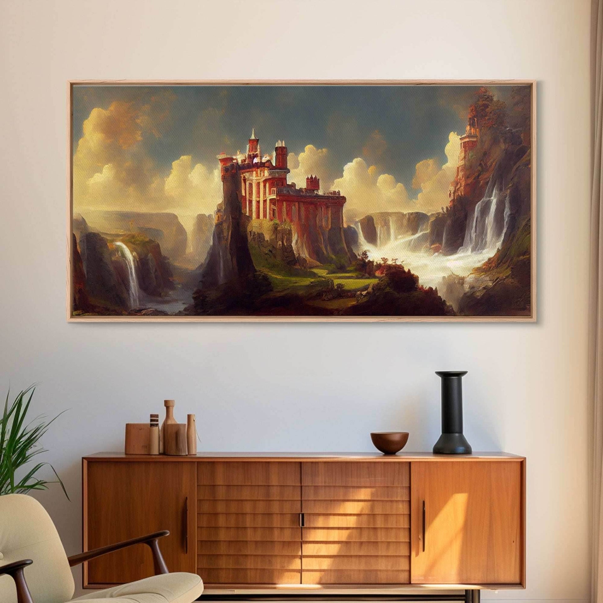 Fantasy wall art, canvas print, castle in the sky, castle atop mountains and waterfalls, watercolor - 10x20 Inches / Gallery Wrap Canvas - Ready To Hang