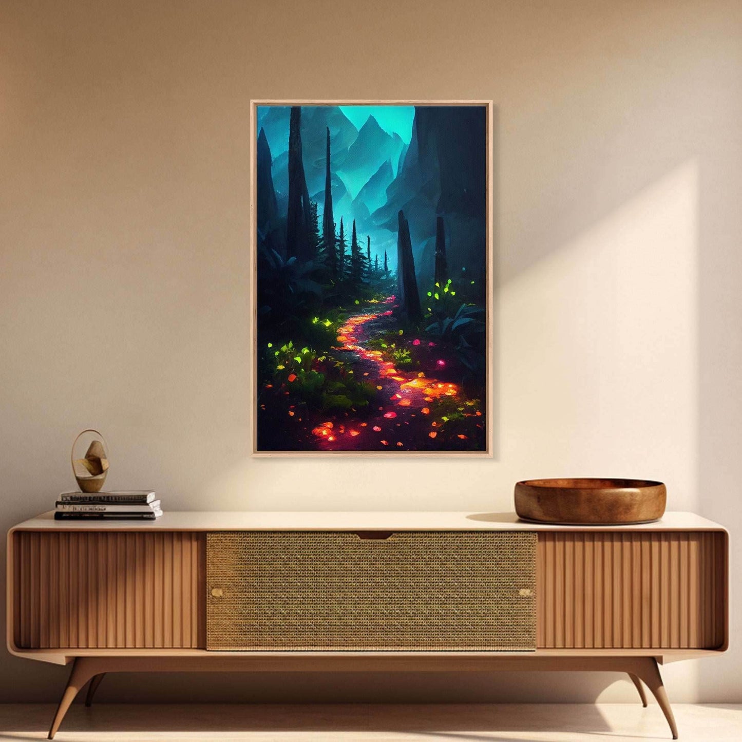 Luminescent magical forest canvas print, glowing trail though the trees, fantasy art, gloomy wall art, dark decor - 8x12 Inches / Gallery Wrap Canvas - Ready To Hang