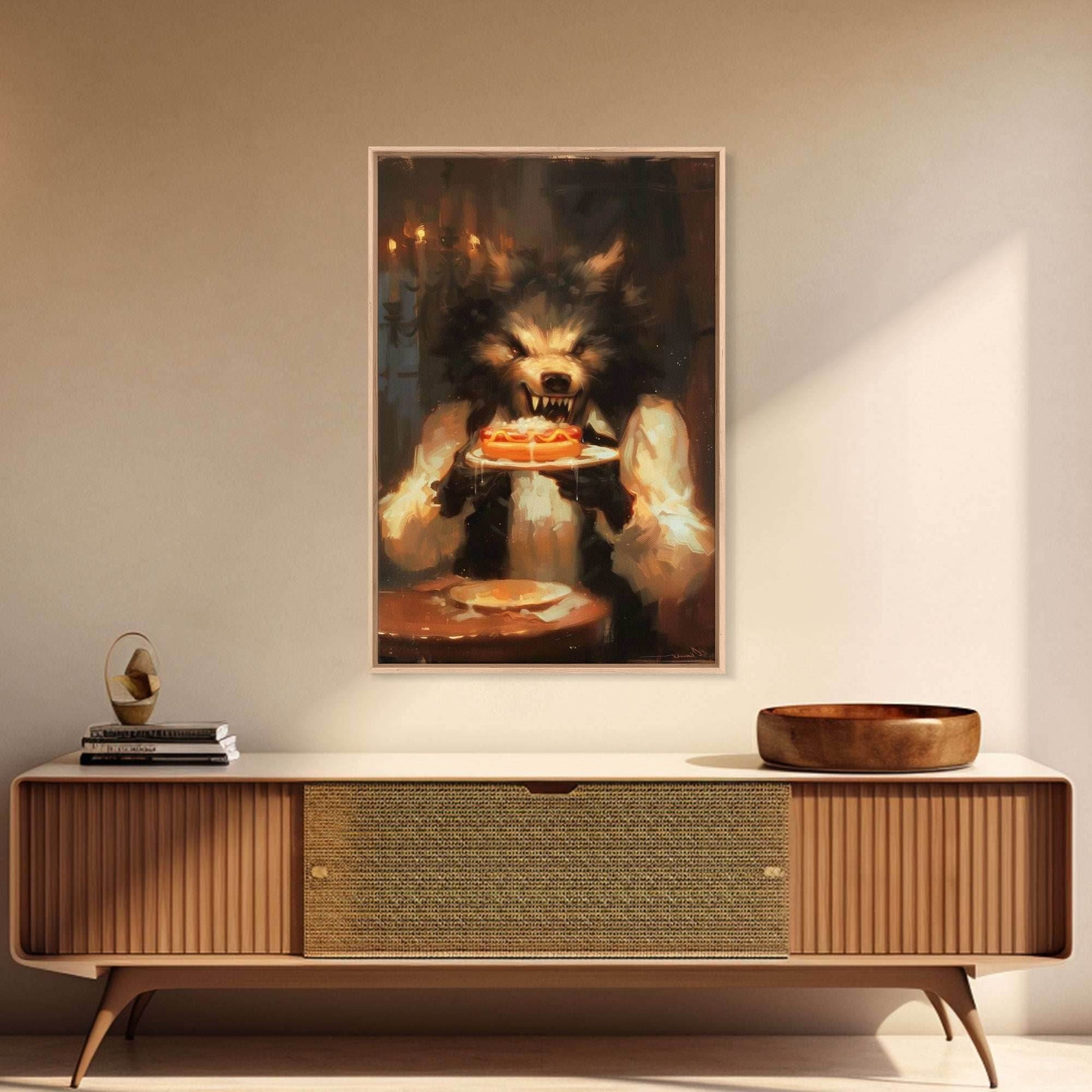 Halloween Werewolf Eating Hotdog, Framed Canvas Print, Wall Art, Spooky Artwork, Fantasy Decor, Halloween Decor, Whimsical Funny Halloween - 8x12 Inches / Gallery Wrap Canvas - Ready To Hang